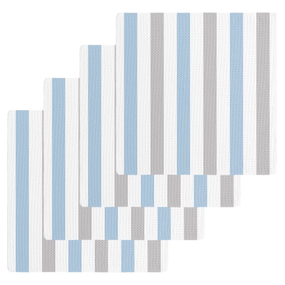 Light Blue Grey Stripe Dish Towels Set,Waffle Weave Kitchen Towels 4 Pieces,Modern Farmhouse Vertical Striped Microfiber Hair Face Bath Tea Towel Absorbent Quick Drying Cleaning Dish Cloths,12"x12"