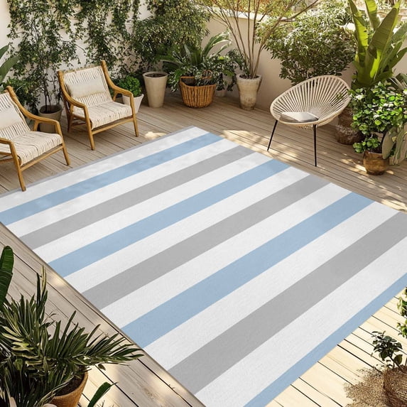 Light Blue Grey Stripe Outdoor Rug 5x8 Ft - Reversible Patio Rug Outdoor Camping Rugs, Modern Farmhouse Vertical Striped Indoor Outdoor Area Rugs, Non-Slip Outdoor Carpet Runner for Deck/Porch