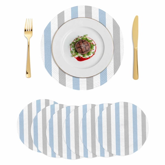 Light Blue Grey Stripe Round 13 Inch Placemats Set of 6, Modern Farmhouse Vertical Striped HeatResistant Non Slip Place Mats for Dining Table, Wipeable Braided Kitchen Table Mats for Housewarming