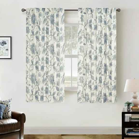 Light Blue Grey and White Floral Curtains, 63 Inch Length Vintage Botanical Pattern Serena Dupes Curtain Drapes for Bedroom Living Room 63“L 2 Panels Set