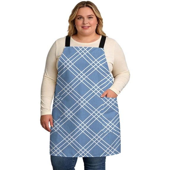 Light Blue Grid Cooking Aprons for Men with 2 Pockets, 39