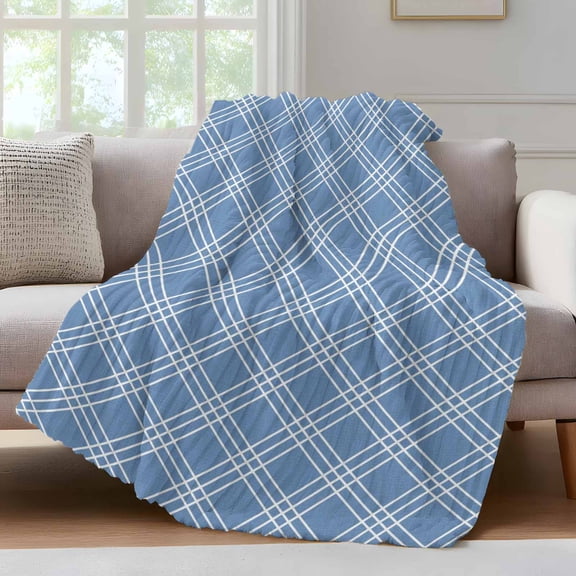Light Blue Grid Throw Blanket for Couch Modern Minimalist Classic White Lines Checkered Soft and Warm Flannel 3D Striped Fluffy Fuzzy Fleece Blanket Lightweight Throw for Bed, Sofa 30 x 40 Inches