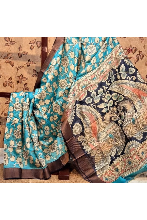 Light Blue Hand Painted Kalamkari Tussar Silk Saree