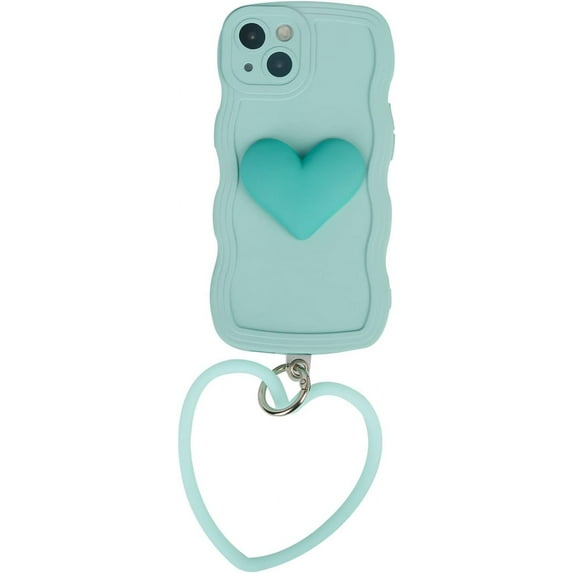 Light Blue Heart Phone Case Compatible with iPhone 12 Pro, Cute 3D Big Love Heart Phone Case, Curly Wave Shape Heart Phone Cover with Heart Bracelet for Women Girls