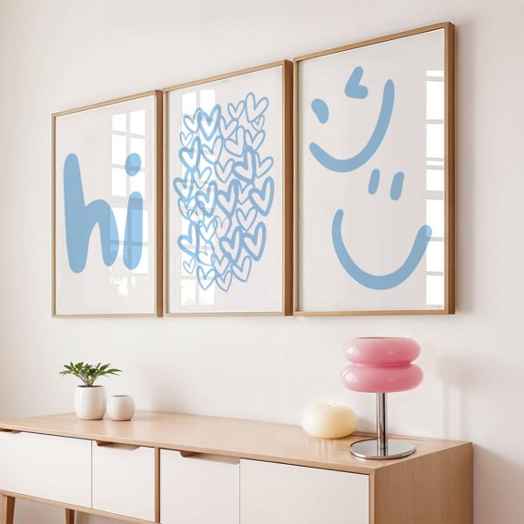 Light Blue Hello Wall Art Set Of 3, Cute Smile Decor