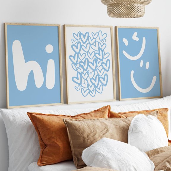 Light Blue Hello Wall Art Set Of 3, Cute Smile Prints