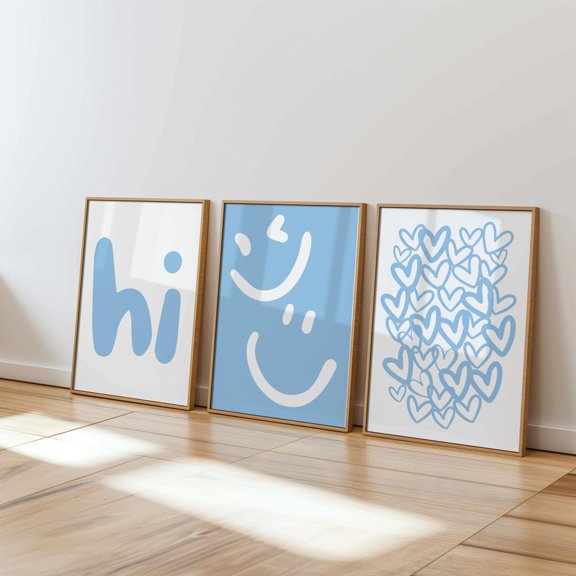 Light Blue Hello Wall Art Set Of 3, Cute Smile Prints