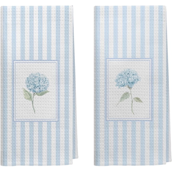 Light Blue Hydrangea Floral Kitchen Dish Towels, Blue Hydrangea Flower Botanical Striped Decorative Hand Towels for Bathroom Kitchen, Preppy Floral Bathroom Decor, 16x24 Inch Set of 2