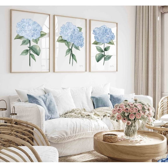 Light Blue Hydrangea Print Minimalist Artwork Botanical Fine Art Posters Hamptons Wall Decor Modern Fine Art Print Extra Large Poster Set 3
