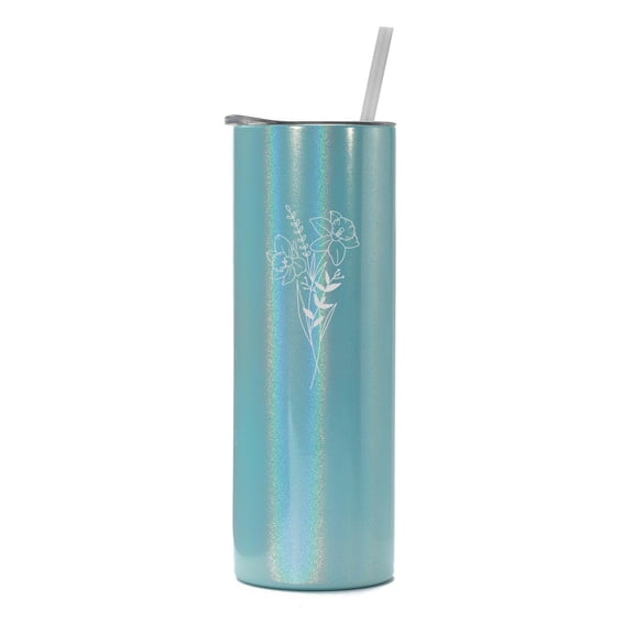 Light Blue Iridescent Glitter 20 oz Skinny Tall Tumbler Stainless Steel Vacuum Insulated Travel Mug Cup With Straw Gift Birth Month Flowers (March - Daffodil)