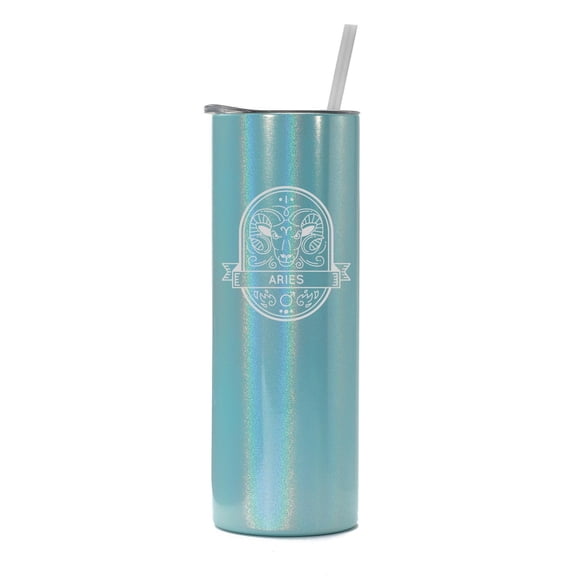 Light Blue Iridescent Glitter 20 oz Skinny Tall Tumbler Stainless Steel Vacuum Insulated Travel Mug Cup With Straw Gift Mystical Zodiac Horoscope (Aries)