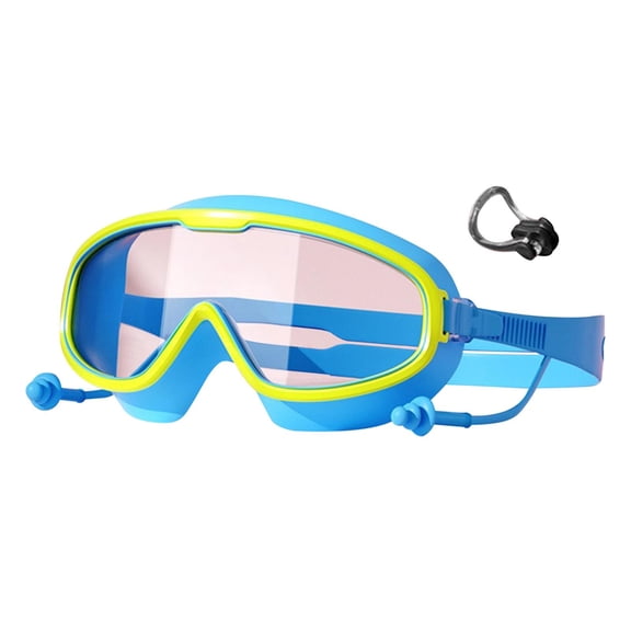 Light Blue Kids Swimming Goggles Hd Large Frame Waterproof Anti Fog For Children Age 3-16 With Nose Clip