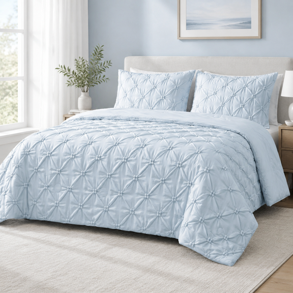 Light Blue King/Cali King (106''x90'') With Sham Set Pintuck Comforter Set