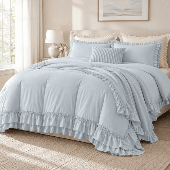 Light Blue King Size Farmhouse Ruffled Boho Chic Bedding Comforter Set