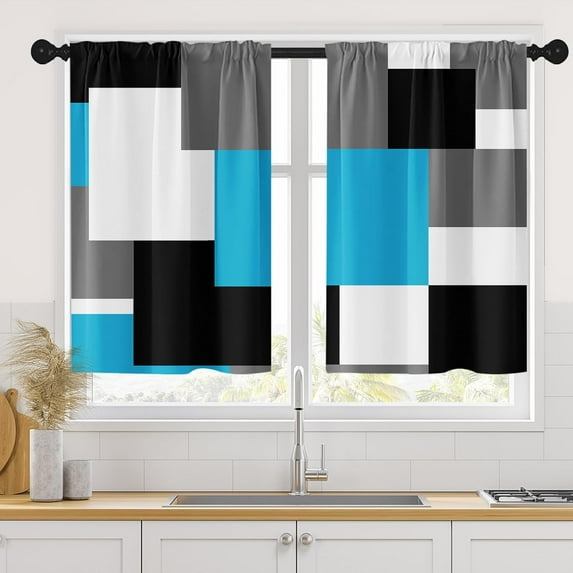Light Blue Kitchen Curtains 36 Inch Length Black Grey White Window Curtains Over Sink Set of 2, Modern Short Tier Curtain for Kitchen, Abstract Geometric Art Small Kitchen Decor 26x36 Inch