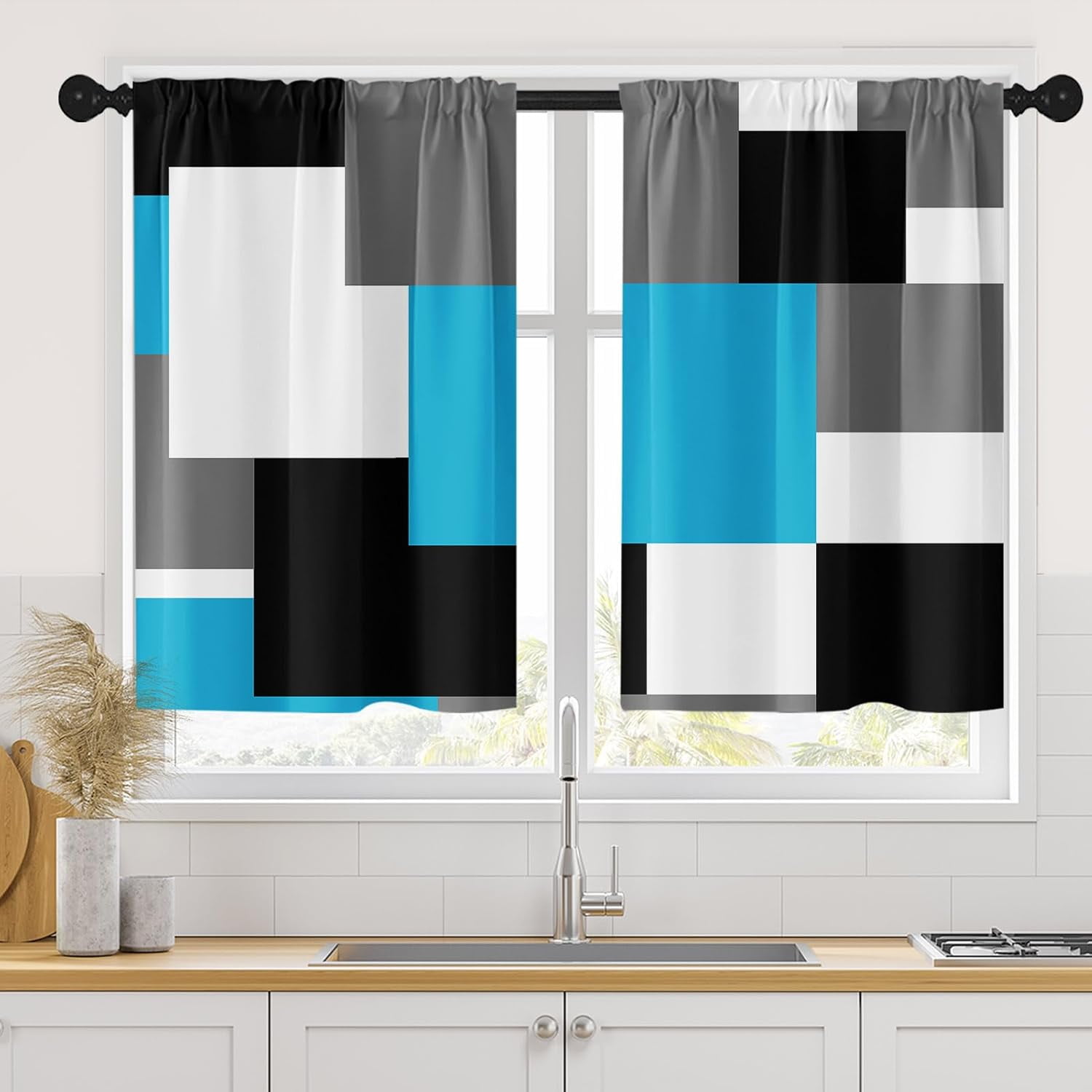 Light Blue Kitchen Curtains 36 Inch Length Black Grey White Window