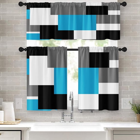Light Blue Kitchen Curtains Black Grey Window Curtains Valance and Tier Set of 3, White Modern Rod Pocket Short Tier Curtain, Abstract Small Cafe Curtains for Kitchen Decor 54" x 24"
