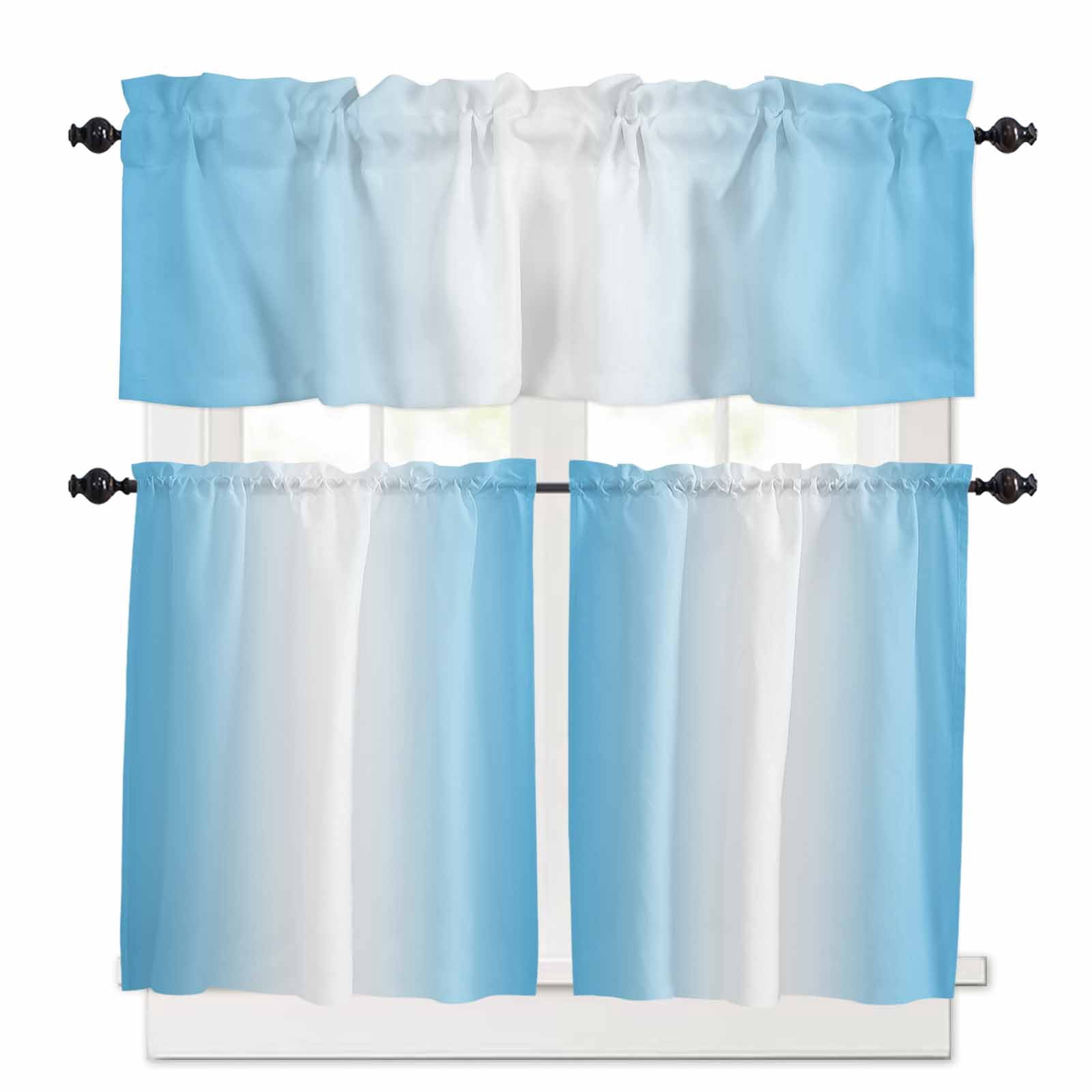 Light Blue Kitchen Curtains Valance and Tier Set 3 Pieces,and White ...