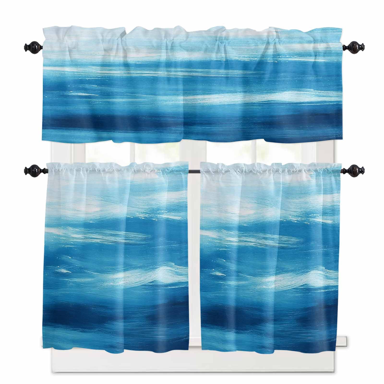 Light Blue Kitchen Curtains and Valances Set, Ocean Wave Abstract ...
