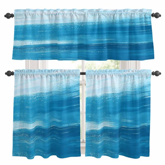 Light Blue Kitchen Curtains Valances and Tiers Set of 3 Gradient Abstract Waves Tranquility Sea Surface Tier Curtains and Valance with Rod Pocket for Small Windows, 27.5"x24"