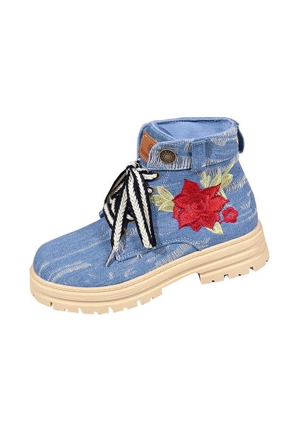 Light Blue Ladies Denim Ankle Boots Flat Lace Up Flower Decor Thick Sole Platform Loafers Casual Fashionable