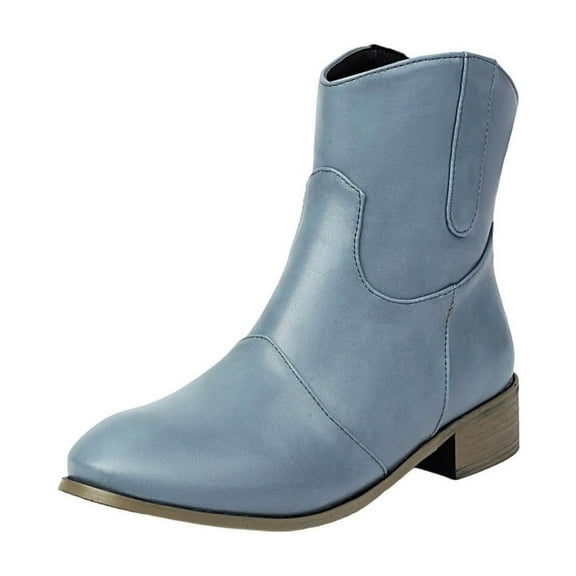 Light Blue Ladies Solid Color Short Boots With Chunky Low Heel Design For Winter Casual Wear