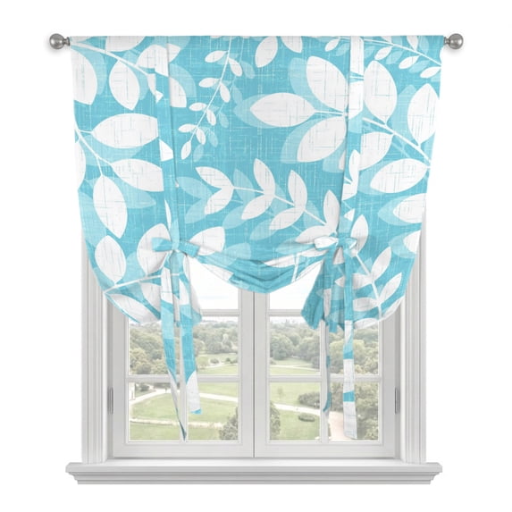 Light Blue Leaves Tie Up Curtains for Kitchen Windows,Adjustable Rod Pocket Valance 54 Inch Long, Farmhouse Botanical Branch Vintage Boho Leaf Window Treatment Balloon Roman Blind Shade, 42" x 54"