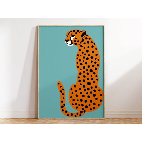 Light Blue Leopard Illustration Boho Animal Wall Art, Unframed Paper Print Size 16x24