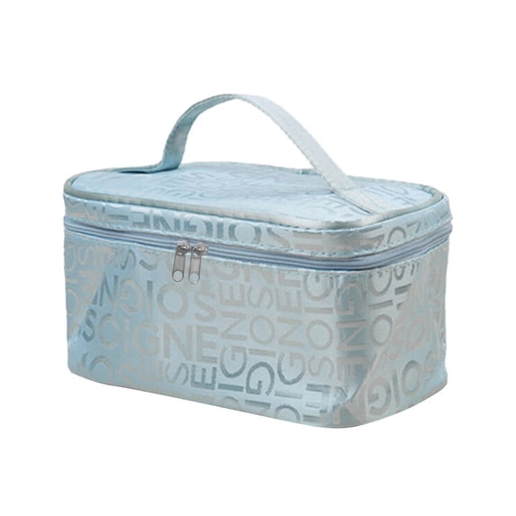 Light Blue Letter Cosmetic Bag, Portable Travel Toiletry Case with Handle for Makeup and Wash Items