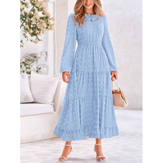 Light Blue Long Sleeve Tiered Maxi Dress With Floral Embroidery
