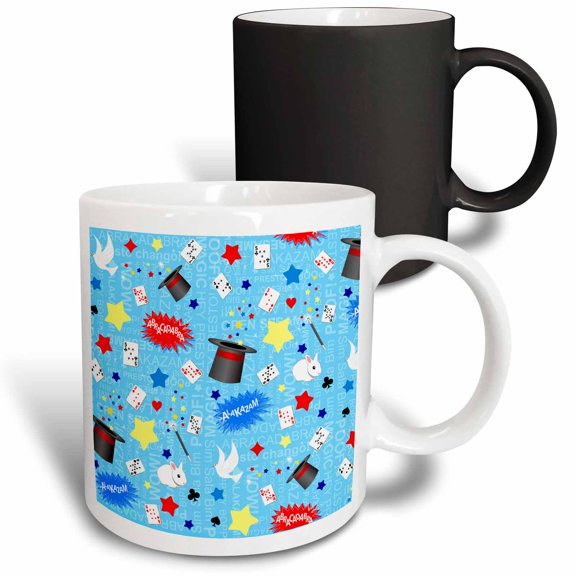 3drose, Light Blue Magician Pattern - Magic Hat Cards Stars Rabbits and Wands, 11oz Magic Transforming Mug