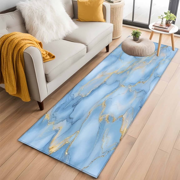 Light Blue Marble Runner Rug 2x6 FT,Non Slip Hallway Rugs,Ink Painting Art Luxury Modern Washable Soft Floor Carpet Non-Shedding Throw Runner Carpet Long Rug for Entryway Kitchen Bedside Sliding Door