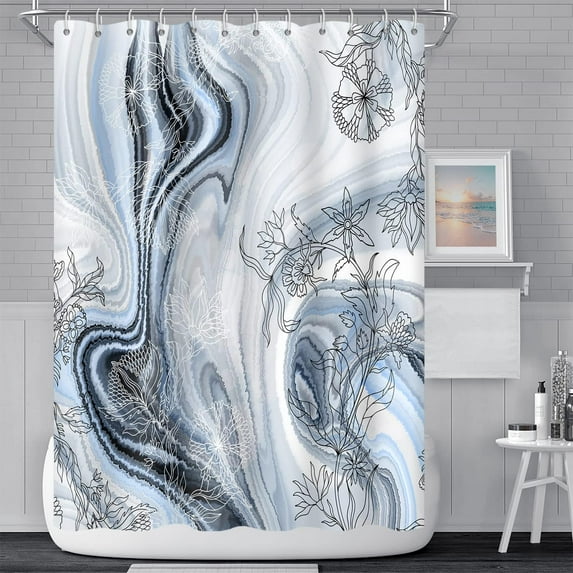 Light Blue Marble Shower Curtain for Bathroom Flower Abstract Gradient Waterproof Polyester Shower Curtains Modern Luxury Artistic Aesthetic Shower Curtain with Hooks Decorative, 72x84 Inch