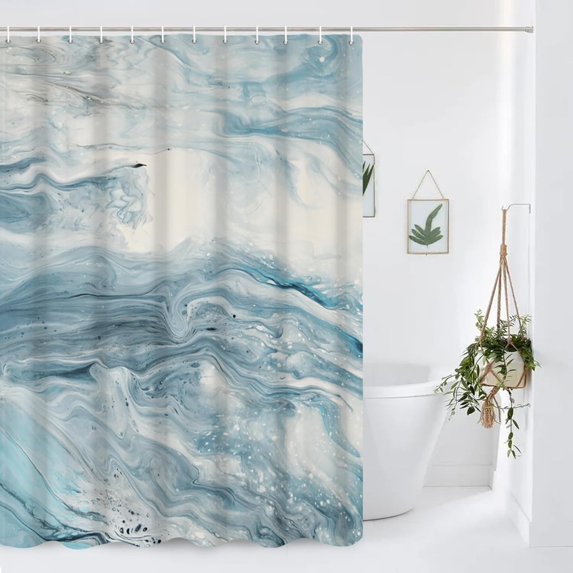 Light Blue Marble Shower Curtain, Minimalist Modern Shower Curtain Set for Bathroom, Abstract Fabric Bath Curtain with Hooks, 72x84inches