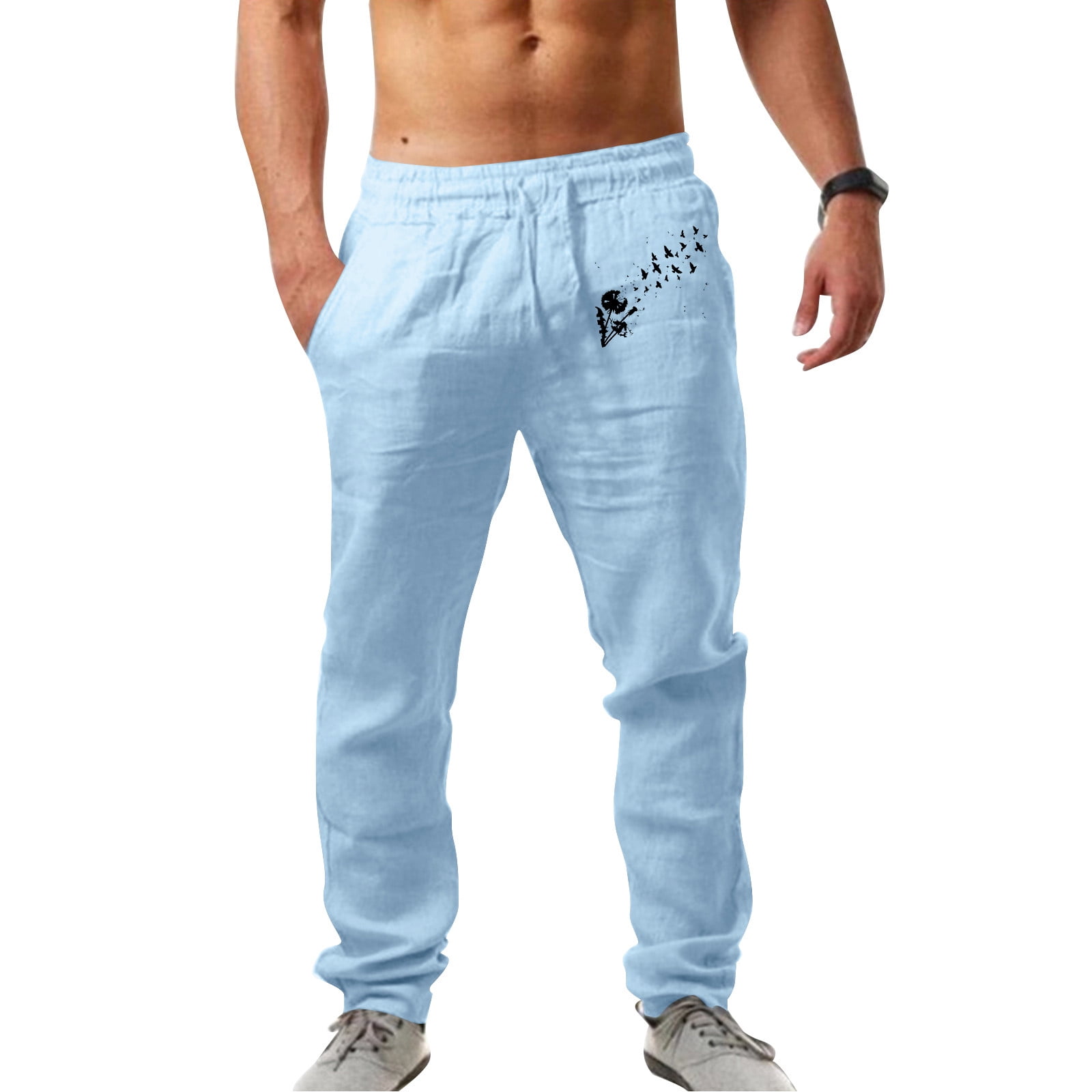 Light Blue Mens Dress Pants Mens Fashion Casual Printed Linen