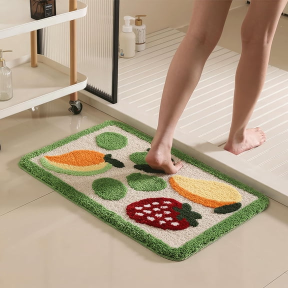 Light Blue Mixed Fruit Bath Mat 20x31 - Soft Absorbent Banana Lime Orange Design, Non-Slip Backing Bathroom Rug, Machine Washable Floor Mat for Bedroom, Kitchen Sink