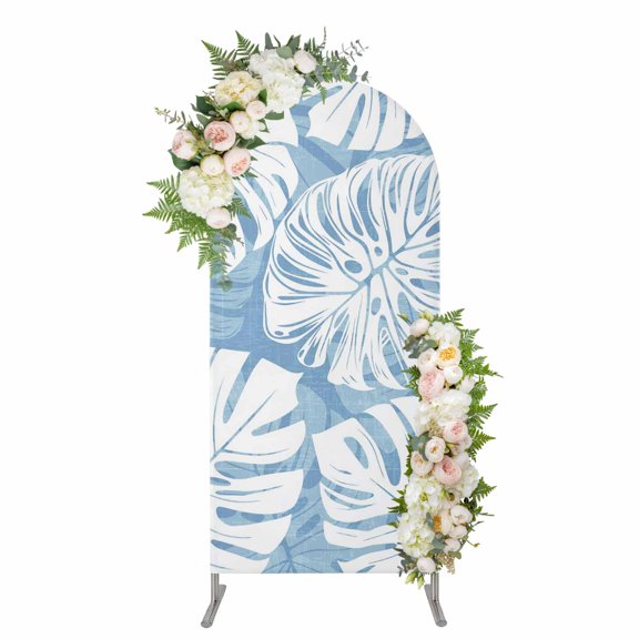 Light Blue Monstera Deliciosa Arch Backdrop Cover 4FT, Summer Botanical Tropical Spandex Fitted Stretchy Arch Stand Covers, Round Top Chiara Backdrop Cover for Wedding Party Birthday Baby Shower