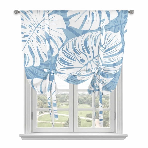 Light Blue Monstera Deliciosa Tie Up Curtains for Small Windows,Adjustable Rod Pocket Valance 45 Inch Short, Summer Botanical Tropical Window Treatment Balloon Roman Blind Shade, 34" x 45"
