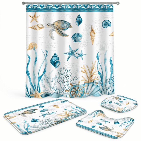 Light Blue Nautical Sea Turtle 4-Piece Bathroom Shower Curtain Set with Rugs