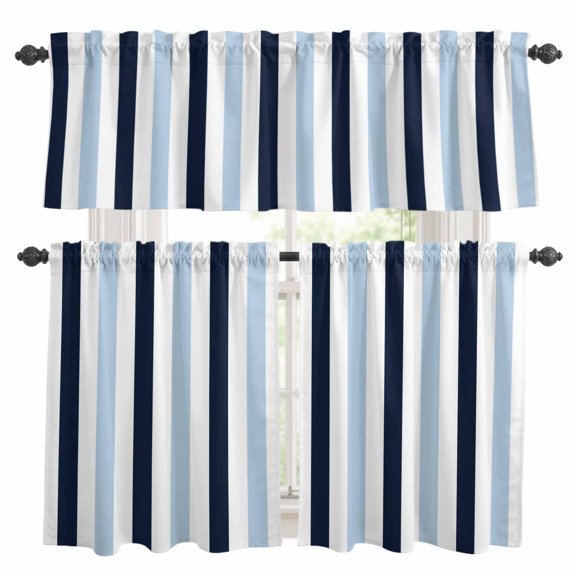 Light Blue Navy Blue Striped Kitchen Curtains Valances and Tiers Set of 3 Modern Tier Curtains and Valance with Rod Pocket for Small Windows, 27.5"x24"