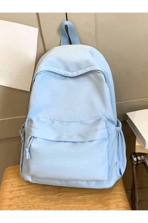 Light Blue Nylon Casual Daypack With Front Pocket And Drawstring Sides