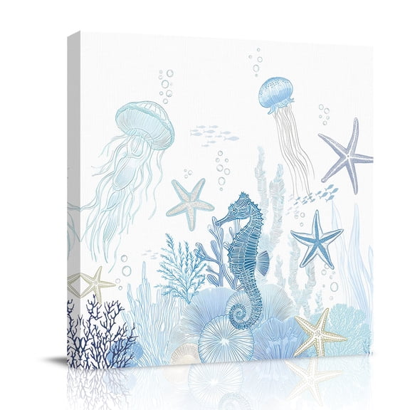 Light Blue Ocean Canvas Wall Art for Living Room, Seahorses Jellyfish Starfish Coastal Poster Print Painting for Bedroom Office Home Decoration Wall Pictures Prepare To Hang 12"x12"