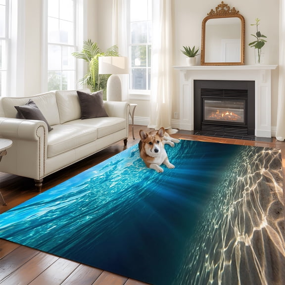 Light Blue Ocean Waves Area Rugs 5x7 Ft, Washable Bedside Rugs Low Pile Office Carpet, Summer Beach Coastal Abstract Non Slip Rugs for Living Room Bedroom Dining Room Classroom Playroom Home Decor