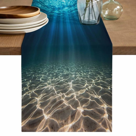 Light Blue Ocean Waves Cotton Linen Table Runner for Dining Kitchen, Summer Beach Coastal Abstract Wedding Outdoor Party Tablerunners Decoration, Dresser Scarf Coffee Tablecloth Runners 13x70 Inches