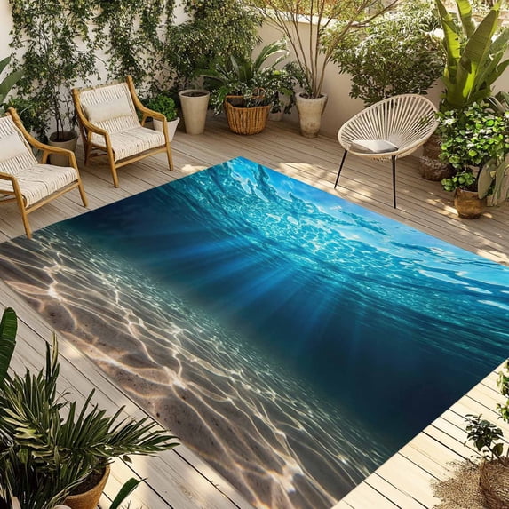 Light Blue Ocean Waves Outdoor Rug for Patio/Deck/Porch, Non-Slip Large Area Rug 4 x 6 Ft, Summer Beach Coastal Abstract Indoor Outdoor Rugs Washable Area Rugs, Reversible Camping Rug Carpet Runner