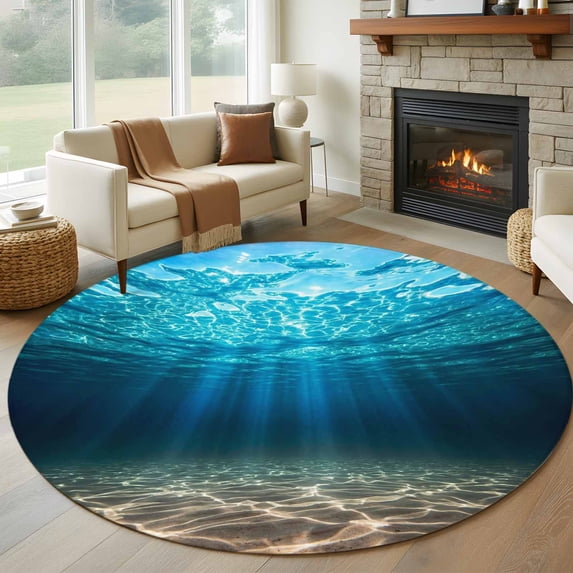 Light Blue Ocean Waves Round Area Rug 5Ft Washable Circle Rugs for Living Room Bedroom, Summer Beach Coastal Abstract Non-Slip Carpet Floor Mats Indoor Outdoor Carpet Runner Aesthetic Home Decor