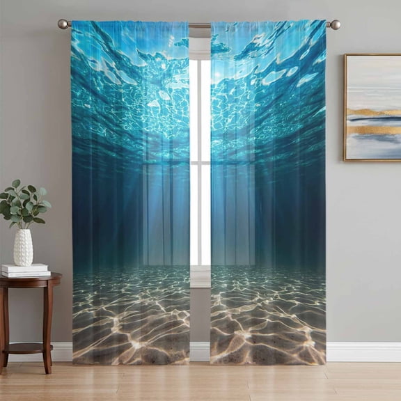 Light Blue Ocean Waves Sheer Curtains 63 Inch Length 2 Panels Set Window Treatments, Summer Beach Coastal Abstract Rod Pocket Semi Curtains for Living Room/Bedroom/Kitchen Décor, 104"W x 63"L