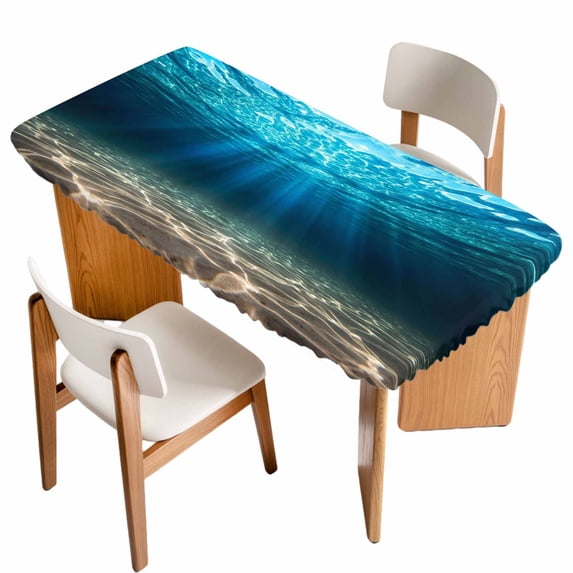 Light Blue Ocean Waves Table Cloths for 5 Foot Rectangle Tables, Summer Beach Coastal Abstract Patio Waterproof Elastic Fitted Tablecloths, Washable Rectangular Table Cover for Camping