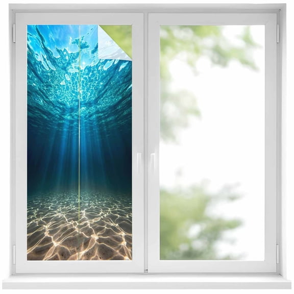 Light Blue Ocean Waves Window Privacy Film, Summer Beach Coastal Abstract Static Cling UV Sun Blocking Heat Control Window Tint Day and Night, Non-Adhesive One Way Windows Privacy Cover 19.6''x39.3''