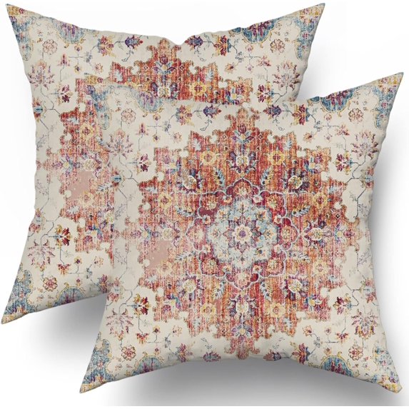 Light Blue Orange Boho Pillow Covers 16x16 Set of 2 Rustic Ethnic Carpet Pattern Geometric Vintage Floral Print Decorative Throw Pillows Fall Farmhouse Cushion Case Decor for Couch Sofa Bed